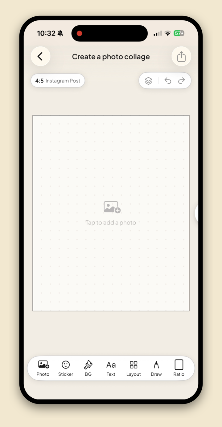 A blank 4:5 collage canvas in Jodu with the Photo, Sticker, BG, Text, Layout, Draw and Ratio toolbar.