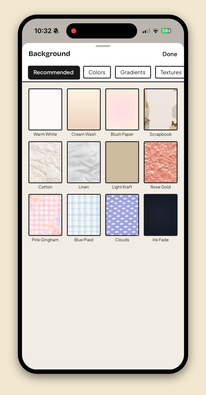 Jodu's Background picker with Recommended, Colors, Gradients and Textures tabs, showing paper and pattern swatches.