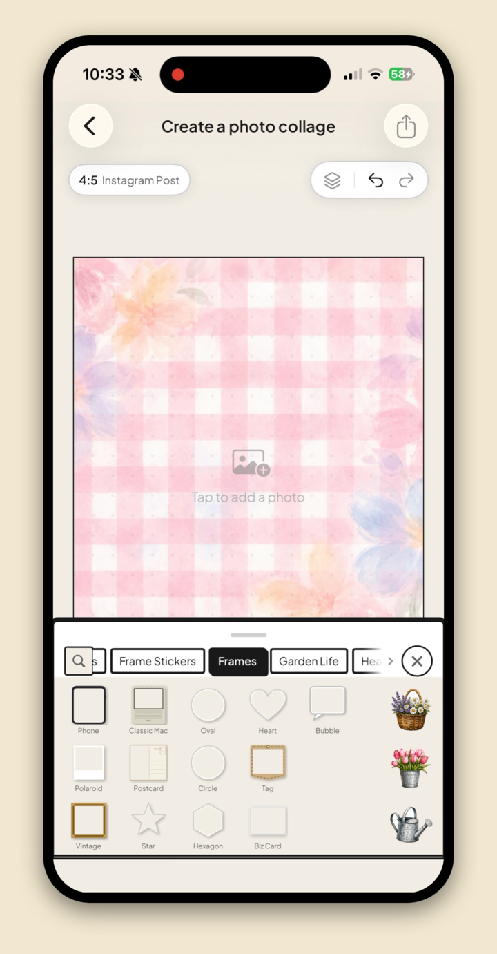 Jodu's sticker panel open to the Frames tab over a gingham background, showing Polaroid, postcard and other frames.