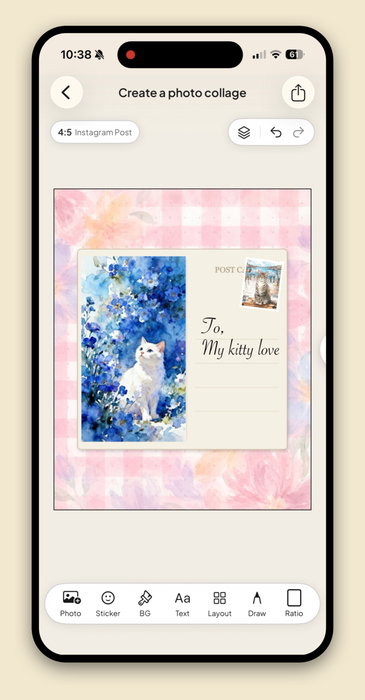 The postcard collage with handwritten script text reading 'To, My kitty love' added next to the framed photo.