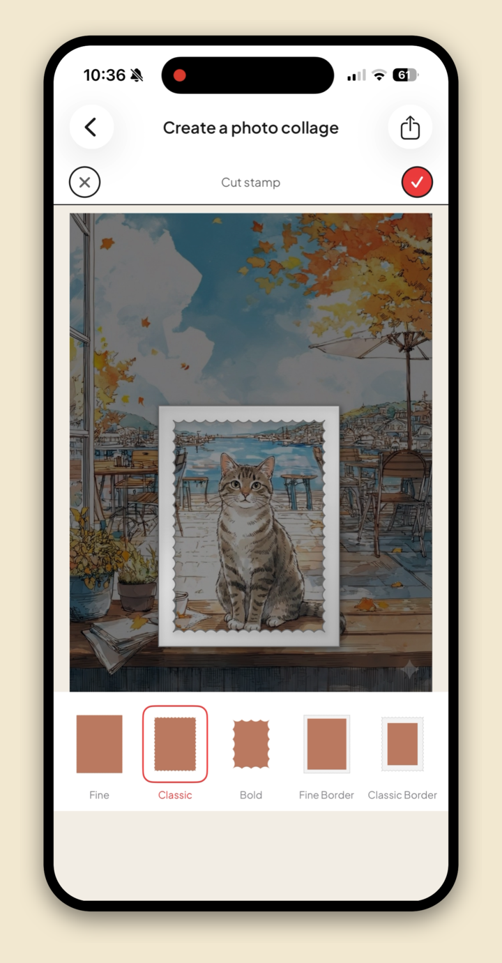A photo with a postage-stamp border effect applied in Jodu, with stamp style options Fine, Classic and Bold below.