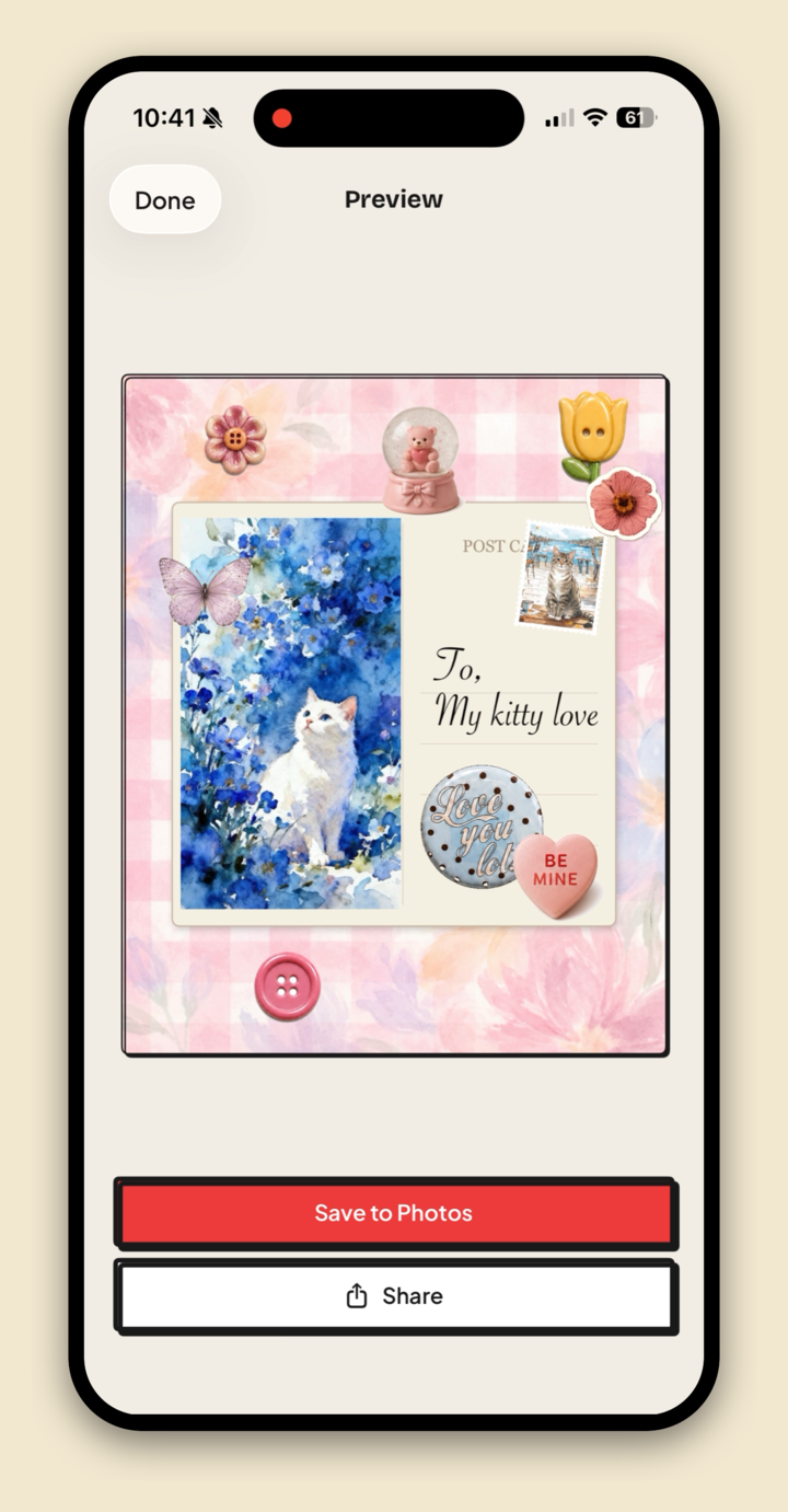 Jodu's export preview of the finished cat postcard collage with Save to Photos and Share buttons.