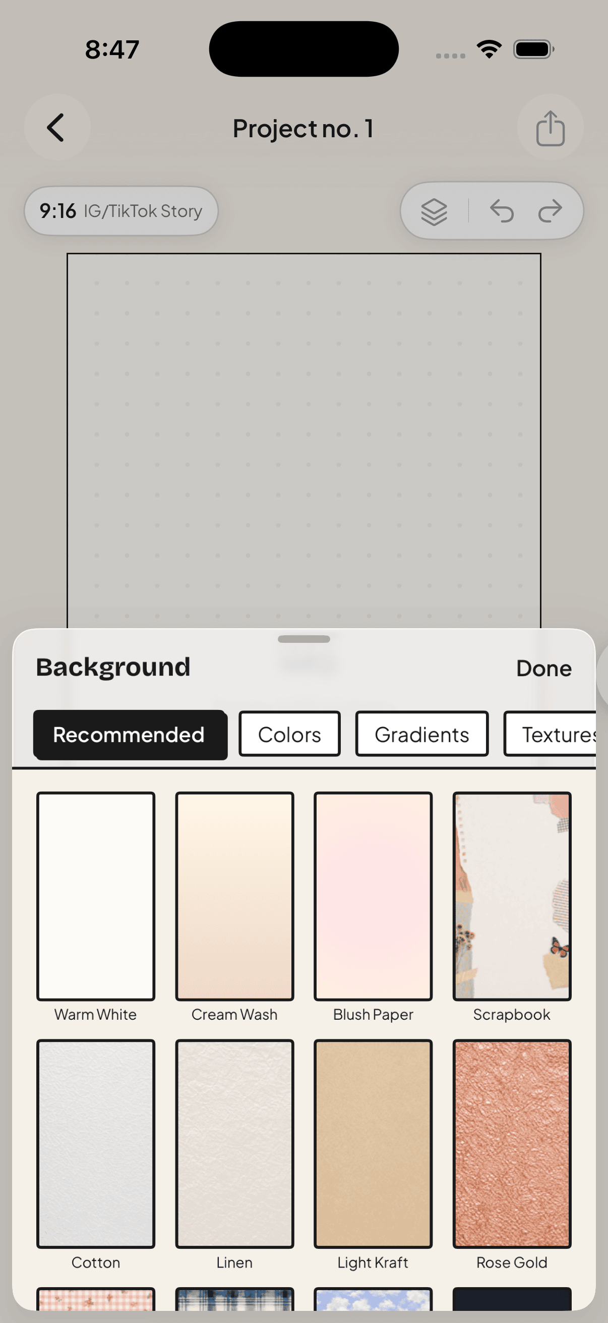 Jodu's background picker open over a blank scrapbook page, showing paper textures including cream, linen and scrapbook styles.