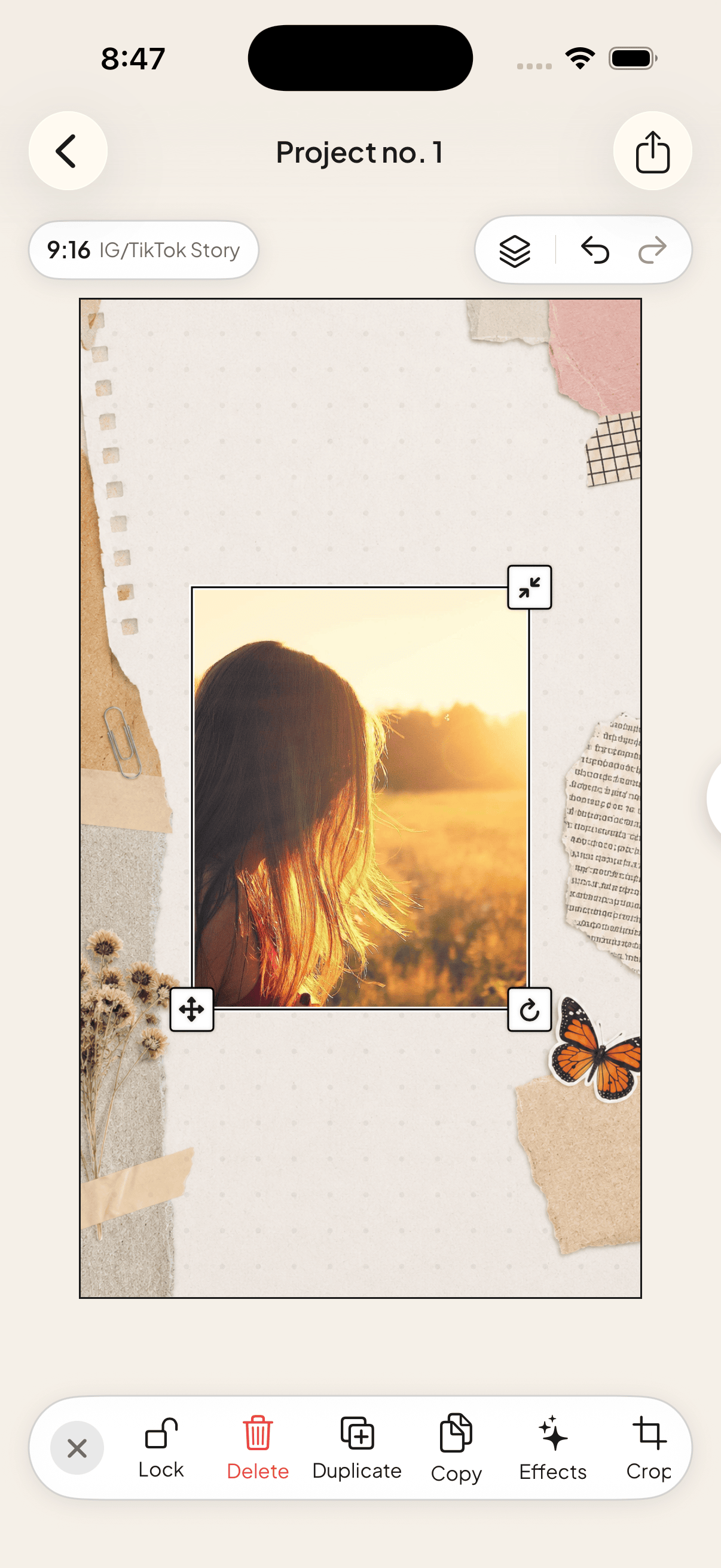 A golden-hour photograph placed as the dominant image on a scrapbook canvas in Jodu.
