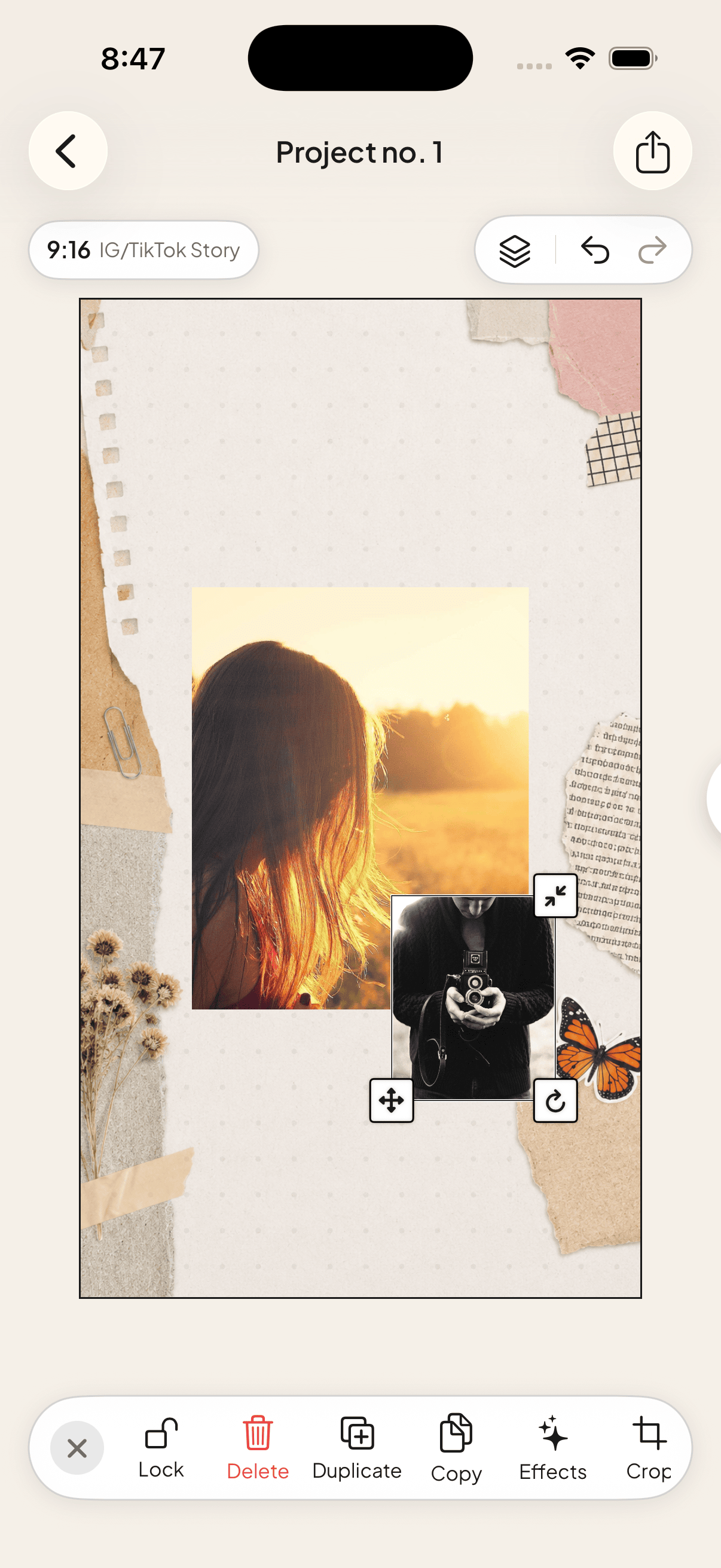 Three photographs being resized and overlapped on Jodu's scrapbook canvas.
