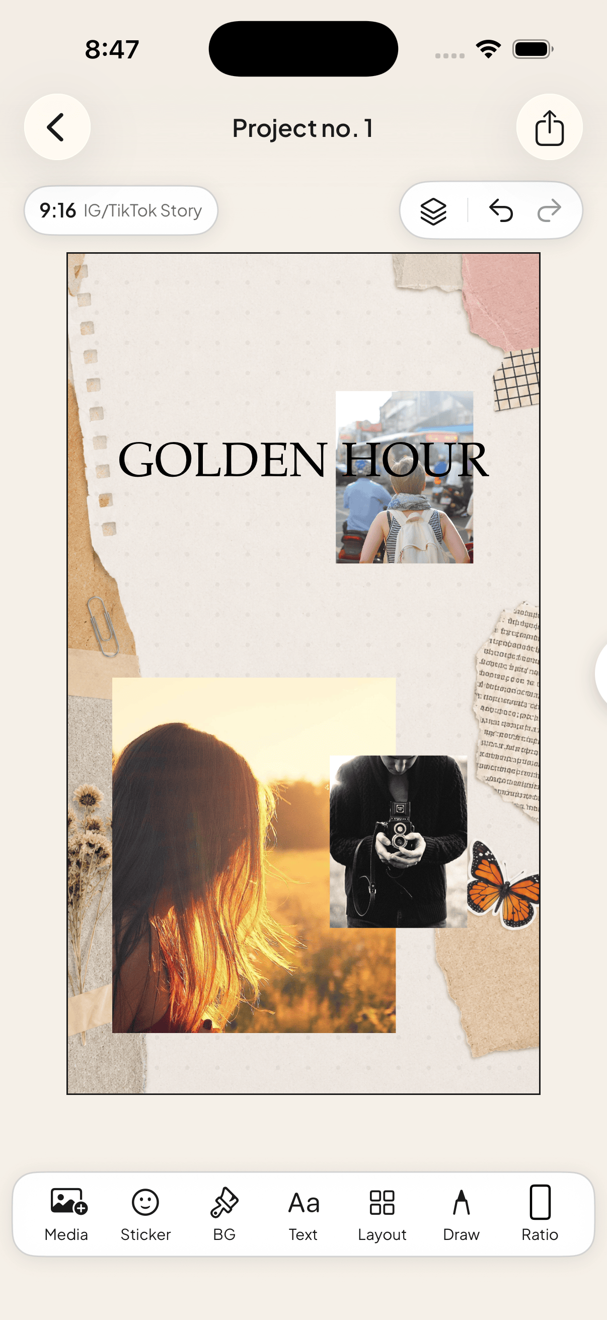A finished golden-hour scrapbook page in Jodu with layered photographs, paper ephemera and a short title.