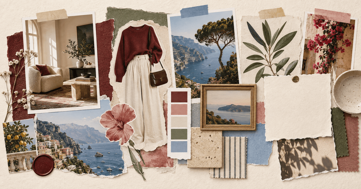 A polished moodboard combining an interior, outfit, coastal photography, botanical clippings, material samples and color swatches.