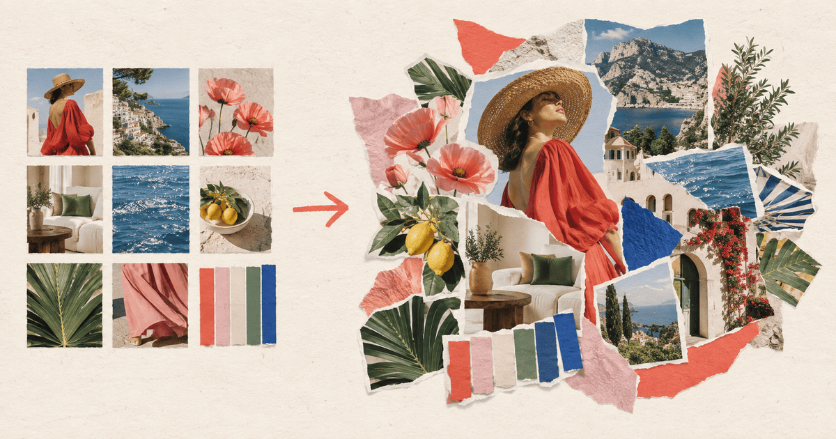 A tidy grid of travel, flower, interior and color inspiration transforming into a layered torn-paper collage.