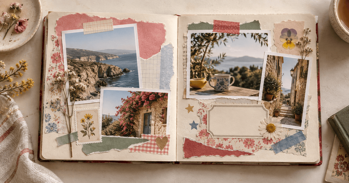 An open scrapbook spread with coastal photos, torn floral paper, washi tape, pressed flowers, frames and a blank journaling label.