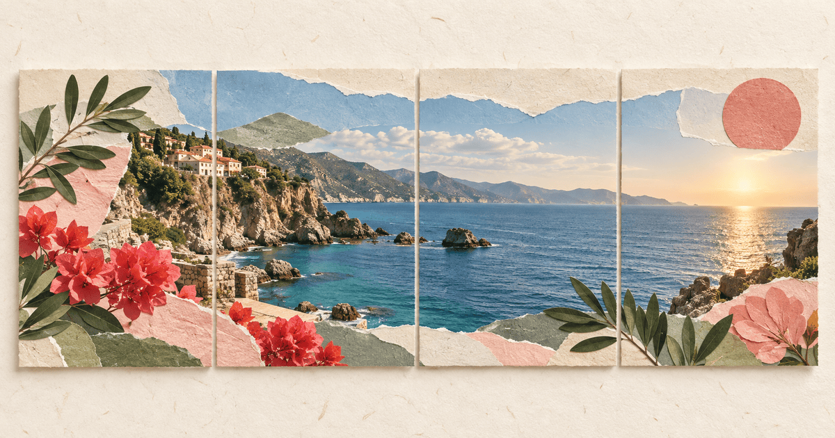 A continuous coastal panorama and paper collage stretching cleanly across four adjacent portrait carousel panels.