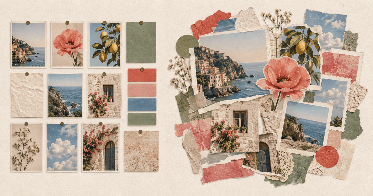 An orderly grid of pinned inspiration on the left becoming a layered freeform paper collage on the right.