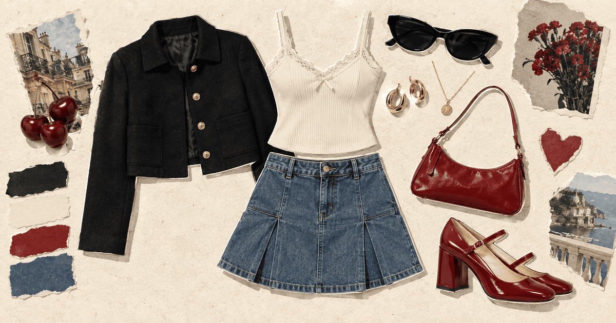 A Polyvore-style outfit collage made from cut-out jacket, top, denim skirt, red shoes, handbag, sunglasses and jewelry.
