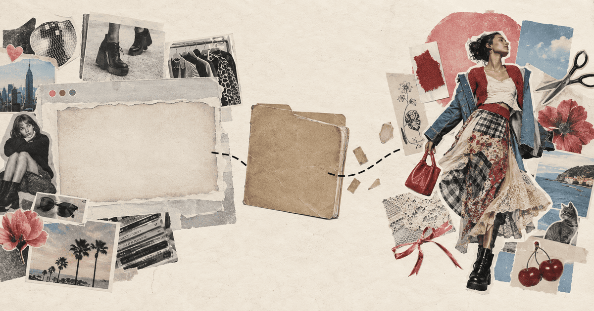 An archival fashion collage with an empty website-shaped space leading into a new handmade outfit collage.