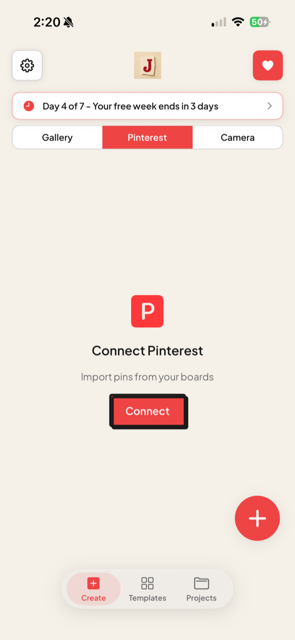 Jodu's photo picker with the Pinterest tab selected, showing a Connect Pinterest button to import pins from your boards.