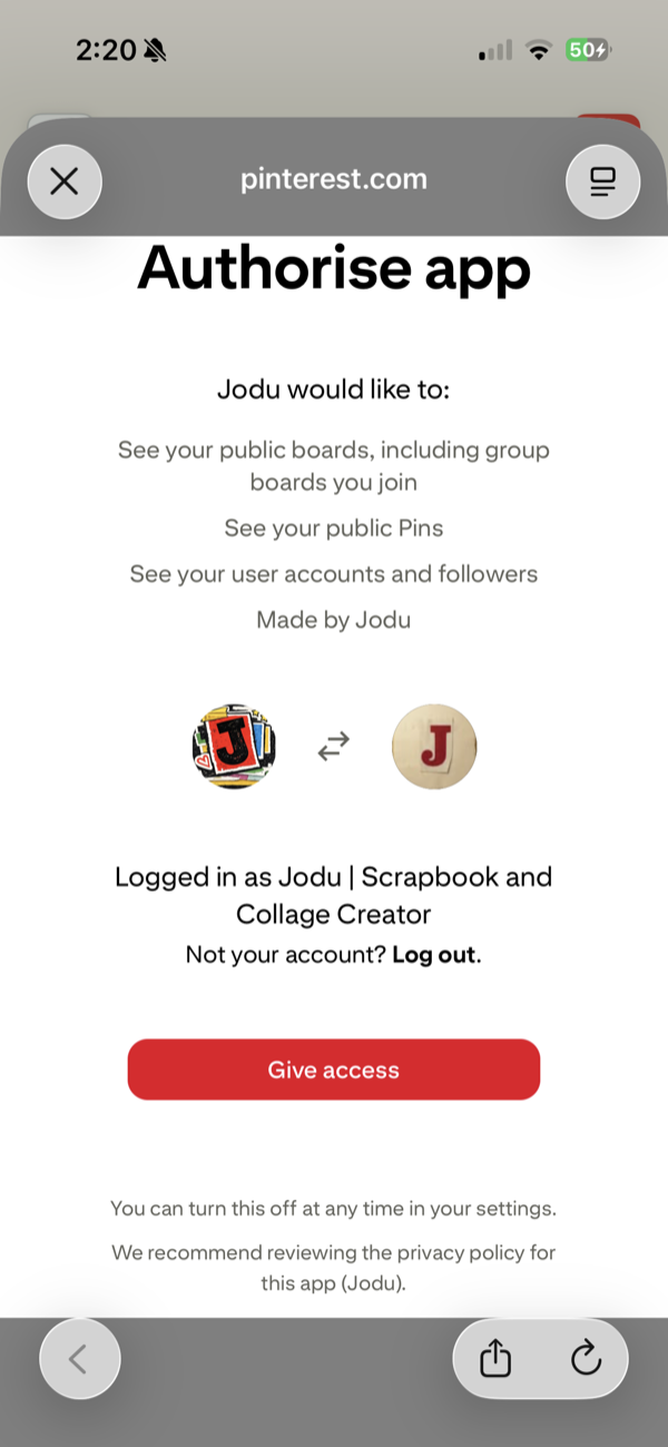 Pinterest's Authorise app screen for Jodu, listing read-only permissions to see your public boards and pins, with a Give access button.