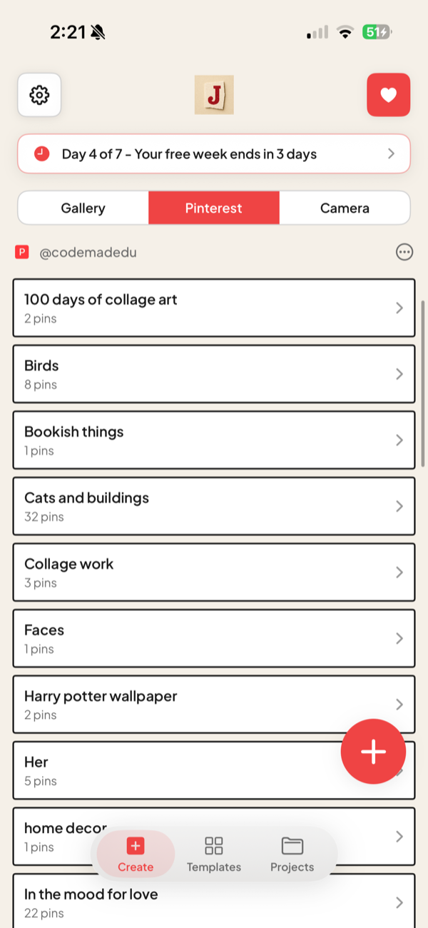 A list of Pinterest boards inside Jodu, each row showing the board name and its pin count, ready to open.