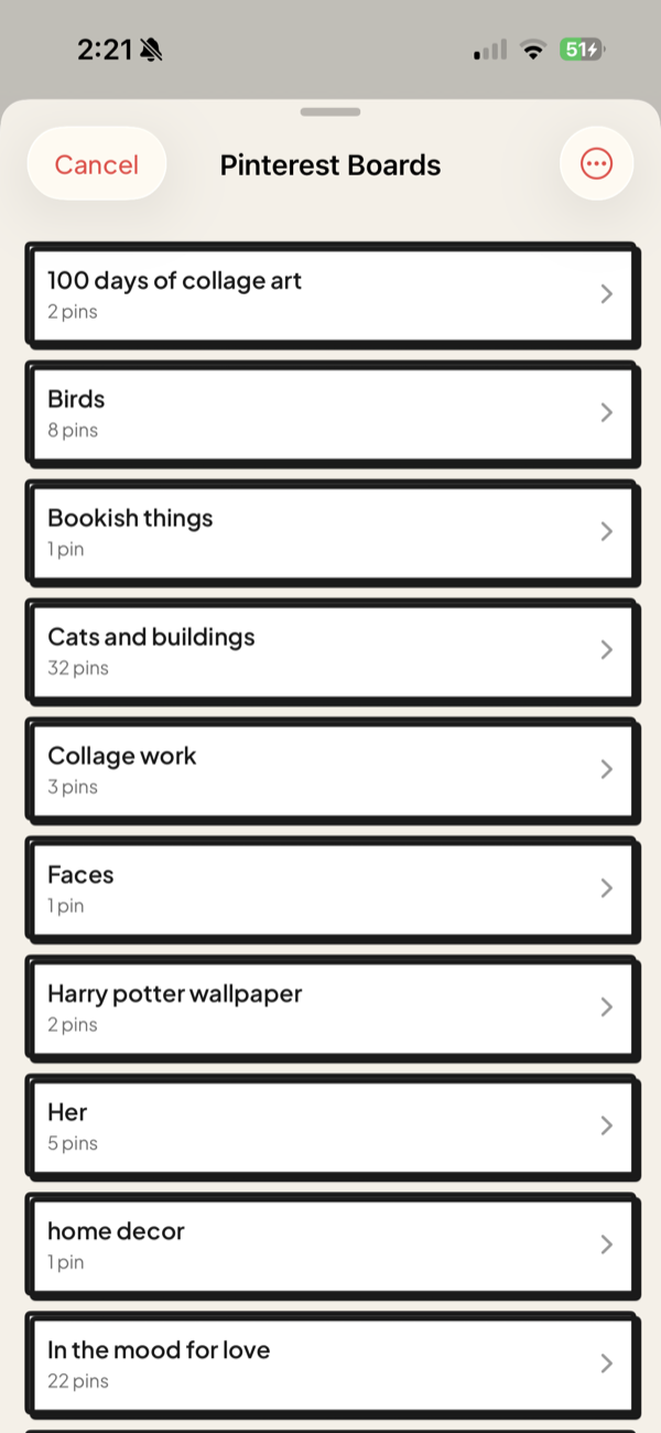 The Pinterest Boards picker open as a sheet over the Jodu canvas, listing boards with their pin counts.