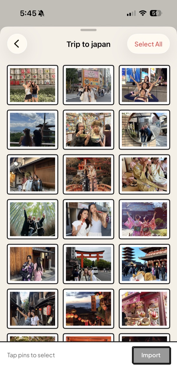 A Pinterest board open as a scrollable grid of pins inside Jodu, with a Select All button and a Tap pins to select prompt.