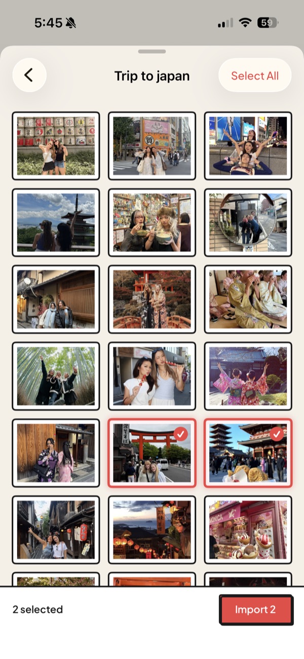 The same Pinterest grid with two pins selected and checkmarked, and an active Import 2 button at the bottom.